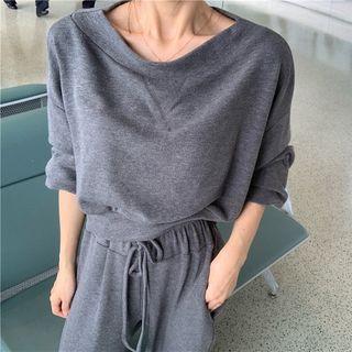 Set: Plain Long-sleeve Loose-fit Top + Pants Gray - One Size