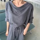 Set: Plain Long-sleeve Loose-fit Top + Pants Gray - One Size