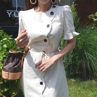 Frilled-sleeve Button-detail Midi Dress With Sash