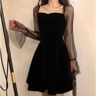 Long-sleeve Mesh A-line Mini Dress Black - One Size