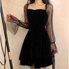 Long-sleeve Mesh A-line Mini Dress Black - One Size