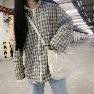 Plaid Panel Furry Zip Jacket As Shown In Figure - One Size