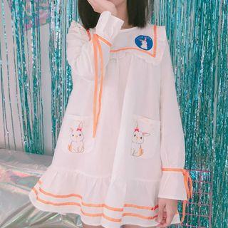 Rabbit Print Sailor Collar Long Sleeve Dress