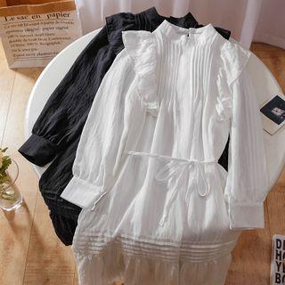 Long-sleeve Ruffle Trim Sashed Midi A-line Dress
