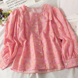 Puff-sleeve Floral Loose Shirt Pink - One Size