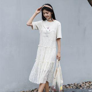 Set: Flower Print Elbow-sleeve T-shirt + Lace Midi Pinafore Dress