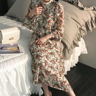 Mandarin-collar Ruffled Floral Maxi Shirtdress