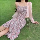 Spaghetti Strap Flower Print Midi Sheath Dress / Lace Up Light Jacket