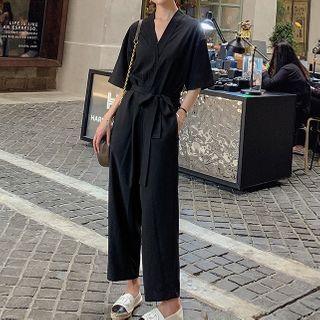 Short-sleeve Tie-front Jumpsuit