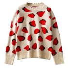 Patterned Sweater Red Hearts Print - Off-white - One Size