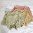 Single-breasted V-neck Striped Elbow-sleeve Lace-up Blouse