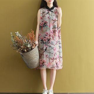 Floral Stand Collar Frog Button Sleeveless Chiffon Dress