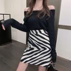 Long-sleeve Off-shoulder Plain Top / High-waist Animal Printed Skirt