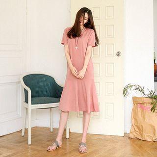 Short-sleeve Ruffled-hem Midi Dress