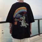 Elbow-sleeve Cartoon Rainbow Print T-shirt