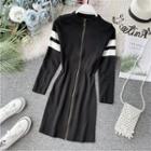 Color-block Zip-front Long-sleeve Knit Dress