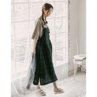 Plaid Long Linen Pinafore Dress Blue - One Size