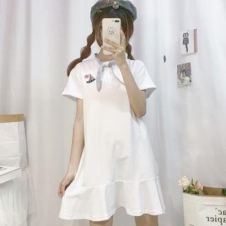 Short-sleeve Embroidered Mini Ruffle Trim Dress