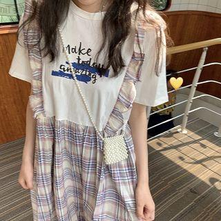 Mock Two-piece Lettering Print Crewneck Short-sleeve Panel Plaid Dress