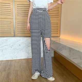 Short-sleeve T-shirt / Striped Ripped Wide-leg Pants