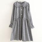 Gingham Long-sleeve Collared Shift Dress Navy Blue - One Size