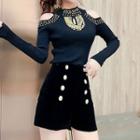 Cold-shoulder Beaded T-shirt / High-waist Shorts