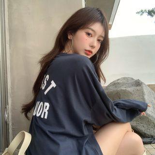 Long-sleeve Lettering Print T-shirt Navy Blue - One Size