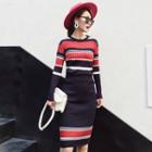 Set : Stripe Long-sleeve Knit Sweater + Mini Skirt