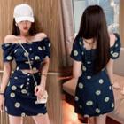 Set: Short-sleeve Floral Print Denim Blouse + A-line Skirt