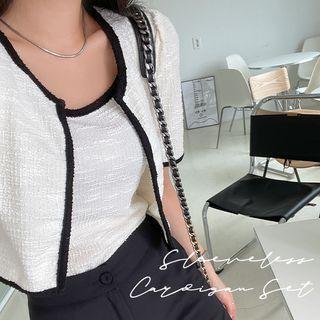 Set: Contrast-trim Tweed Cardigan + Camisole Top
