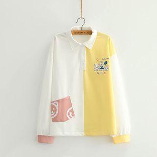 Color-block Animal Embroidered Lapel Pullover