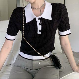 Short-sleeve Color Block Polo Collar Cropped Knit Top