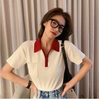 Contrast Trim Collared Short-sleeve T-shirt White - One Size