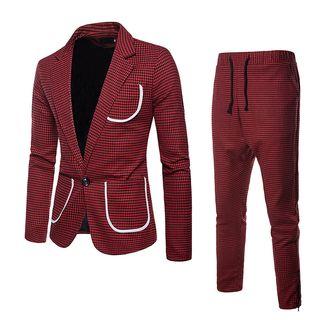 Suit Set: Single Button Houndstooth Blazer + Drawstring Pants