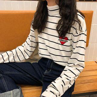 Mock-neck Heart Embroidery Top