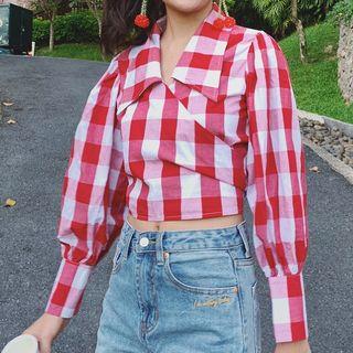 Plaid Wrapped Cropped Blouse