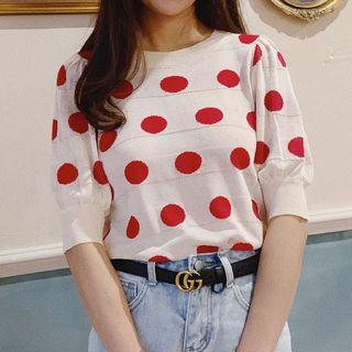 Elbow-sleeve Dotted Knit Top Red Dotted - Beige - One Size