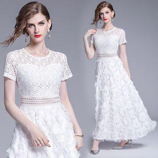 Short-sleeve Lace Feathered A-line Maxi Dress