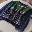 Denim Panel Patterned Sweater Green & Blue - One Size