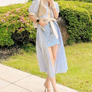Short-sleeve Tie-waist Color Block Midi A-line Shirtdress