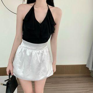V-neck Halter Camisole Top / Mini A-line Skirt