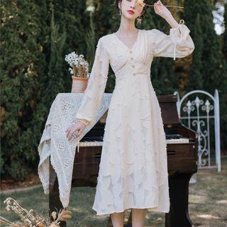 Balloon-sleeve Fringed Midi A-line Dress