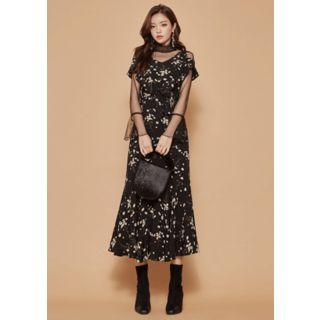 Inset Tulle Top Frilled Floral Maxi Dress