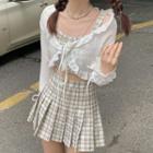 Lace-up Plaid Cropped Camisole Top / Pleated Mini A-line Skirt / Cardigan
