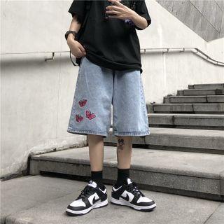 Butterfly Embroidered Denim Straight Leg Shorts