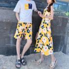 Couple Matching Floral Print Beach Shorts / Sleeveless Midi A-line Dress