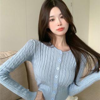 Round-neck Plain Ribbed Button-up Cropped Cardigan