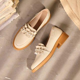Pointed Ruffle Block Heel Loafers