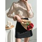 High-neck Bishop-sleeve Lace Blouse