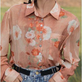 Floral Print Shirt Tangerine Red - One Size